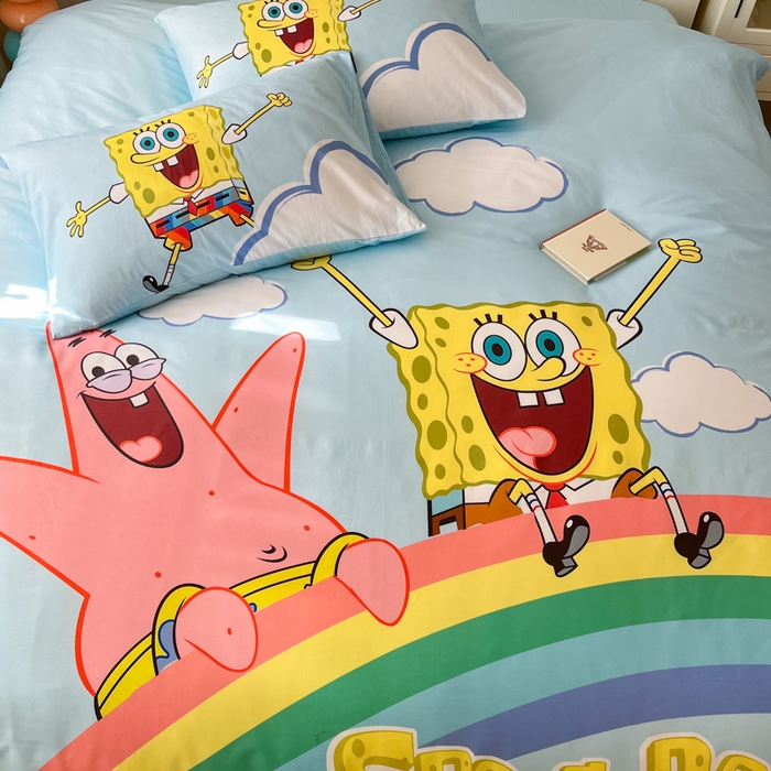 91家纺网 家纺一手货源 找家纺 金爱家纯棉数码印花系列四件套-海绵宝宝 棉D-彩虹海绵宝宝