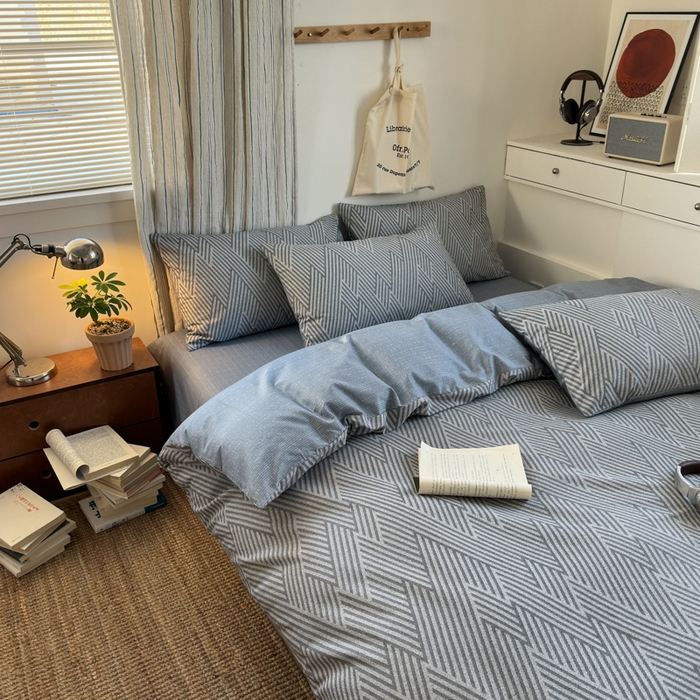 91家纺网 家纺一手货源 找家纺 清雅福2025全棉13372极简风四件套 线韵时尚