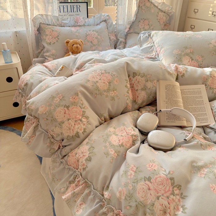 91家纺网 家纺一手货源 找家纺 盼季家纺 2025新款公主风花边小清新水洗棉床上四件套床单被套床裙三件套-风格二 花丛