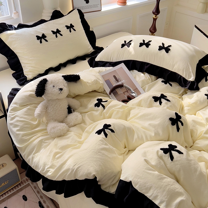 91家纺网 家纺一手货源 找家纺 梦之岛 2025新款韩版小香风赫本风云朵棉毛巾绣四件套 小香风蝴蝶结-奶黄