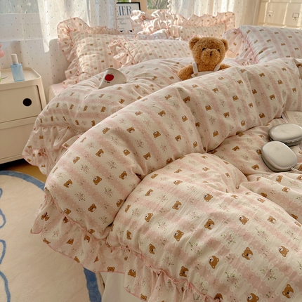 91家纺网 家纺一手货源 找家纺 （总）盼季家纺 2025新款公主风花边小清新水洗棉床上四件套床单被套床裙三件套-风格二