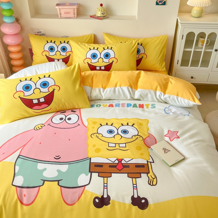 91家纺网 家纺一手货源 找家纺 金爱家纯棉数码印花系列四件套-海绵宝宝 棉D-伙伴海绵宝宝