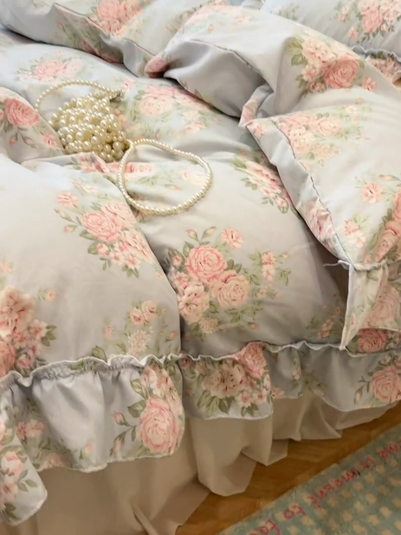 91家纺网 家纺一手货源 找家纺 盼季家纺 2025新款公主风花边小清新水洗棉床上四件套床单被套床裙三件套-风格一 花丛