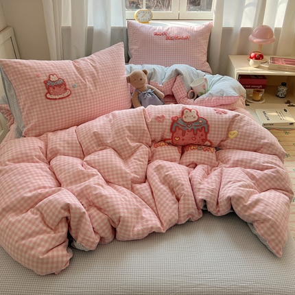 桃子家居 2025新款A类ins纯棉色织水洗棉毛巾绣奶油少女猫咪兔兔混搭系列四件套 色织水洗棉-奶油兔粉蓝