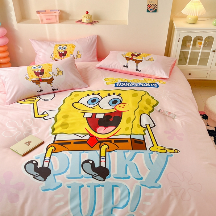 91家纺网 家纺一手货源 找家纺 金爱家纯棉数码印花系列四件套-海绵宝宝 棉D-爱喝海绵宝宝粉