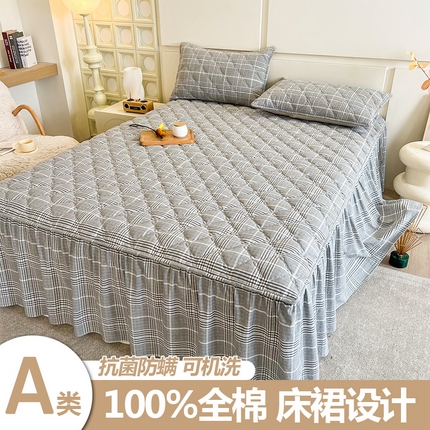 糯米猪家纺 2025新款全棉色织水洗棉床裙 格纹 灰
