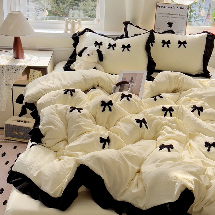 91家纺网 家纺一手货源 找家纺 梦之岛 2025新款韩版小香风赫本风云朵棉毛巾绣四件套 小香风蝴蝶结-奶黄