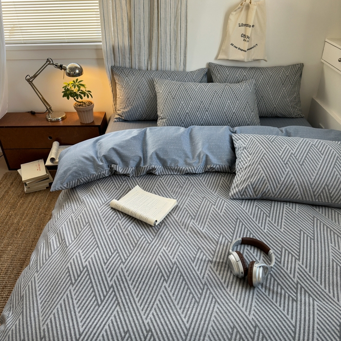 91家纺网 家纺一手货源 找家纺 清雅福2025全棉13372极简风四件套 线韵时尚