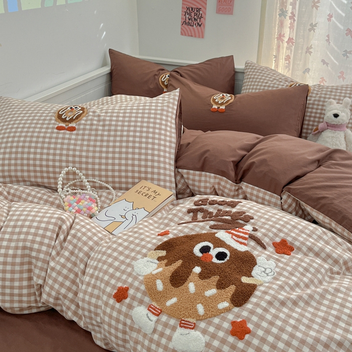 91家纺网 家纺一手货源 找家纺 呗旺鹿 2025新款A类全棉色织水洗棉毛巾绣系列四件套 甜甜圈