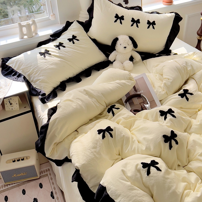 91家纺网 家纺一手货源 找家纺 梦之岛 2025新款韩版小香风赫本风云朵棉毛巾绣四件套 小香风蝴蝶结-奶黄