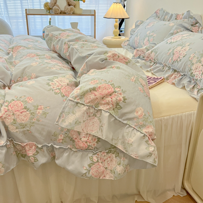 91家纺网 家纺一手货源 找家纺 盼季家纺 2025新款公主风花边小清新水洗棉床上四件套床单被套床裙三件套-风格一 花丛
