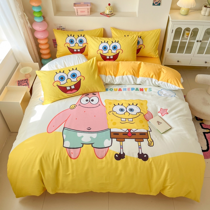 91家纺网 家纺一手货源 找家纺 金爱家纯棉数码印花系列四件套-海绵宝宝 棉D-伙伴海绵宝宝