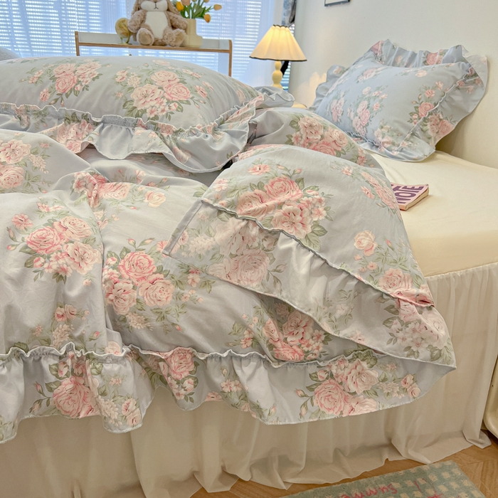 91家纺网 家纺一手货源 找家纺 盼季家纺 2025新款公主风花边小清新水洗棉床上四件套床单被套床裙三件套-风格一 花丛