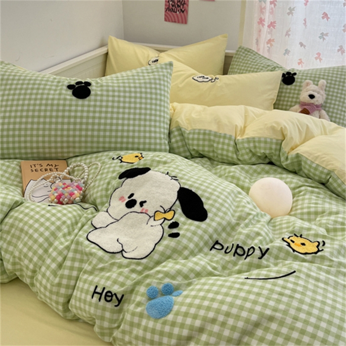 91家纺网 家纺一手货源 找家纺 呗旺鹿 2025新款A类全棉色织水洗棉毛巾绣系列四件套 恰恰狗