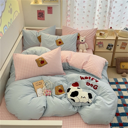 呗旺鹿 2025新款A类全棉色织水洗棉毛巾绣系列四件套 苹果小狗