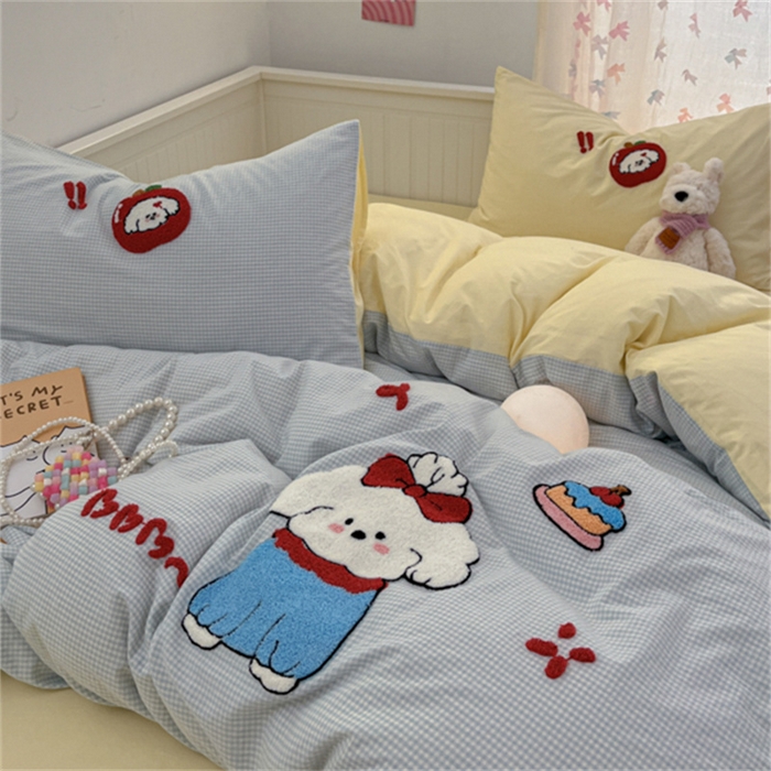 91家纺网 家纺一手货源 找家纺 呗旺鹿 2025新款A类全棉色织水洗棉毛巾绣系列四件套 蝴蝶结小狗