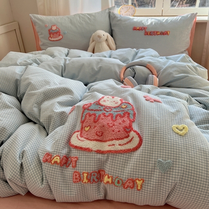 桃子家居 2025新款A类ins纯棉色织水洗棉毛巾绣奶油少女猫咪兔兔混搭系列四件套 色织水洗棉-奶油兔蓝粉