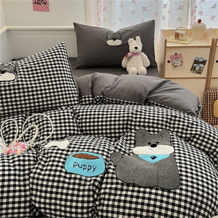 91家纺网 家纺一手货源 找家纺 呗旺鹿 2025新款A类全棉色织水洗棉毛巾绣系列四件套 雪纳瑞