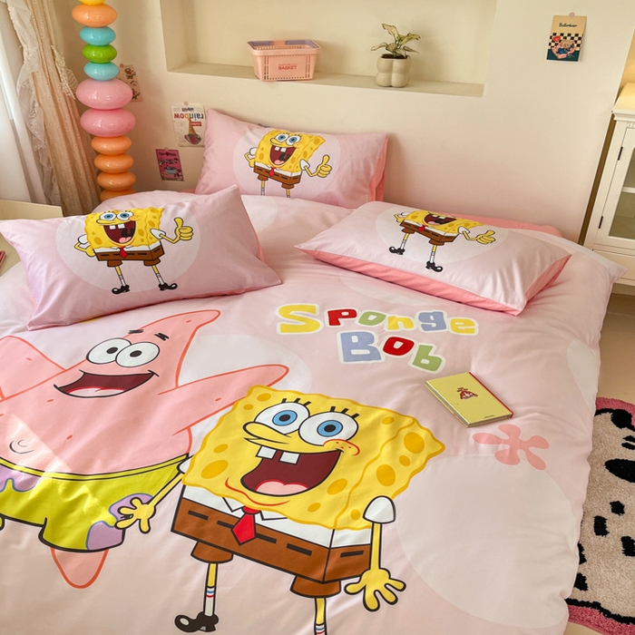 91家纺网 家纺一手货源 找家纺 金爱家纯棉数码印花系列四件套-海绵宝宝 棉D-粉粉海绵宝宝