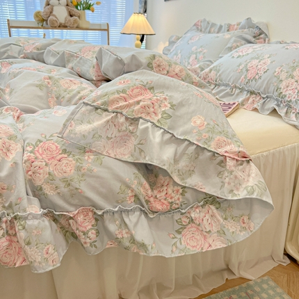 91家纺网 家纺一手货源 找家纺 （总）盼季家纺 2025新款公主风花边小清新水洗棉床上四件套床单被套床裙三件套-风格一