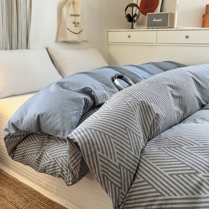 91家纺网 家纺一手货源 找家纺 清雅福2025全棉13372极简风四件套 线韵时尚