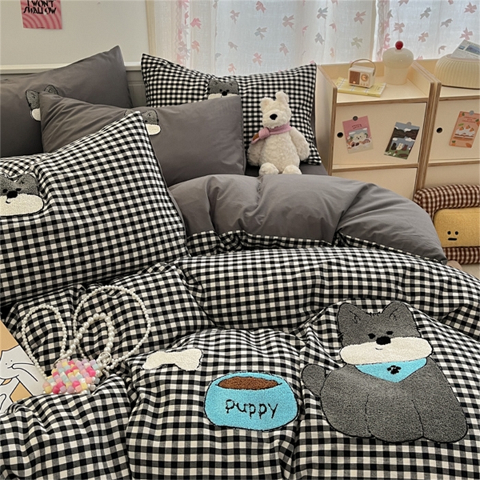 91家纺网 家纺一手货源 找家纺 呗旺鹿 2025新款A类全棉色织水洗棉毛巾绣系列四件套 雪纳瑞