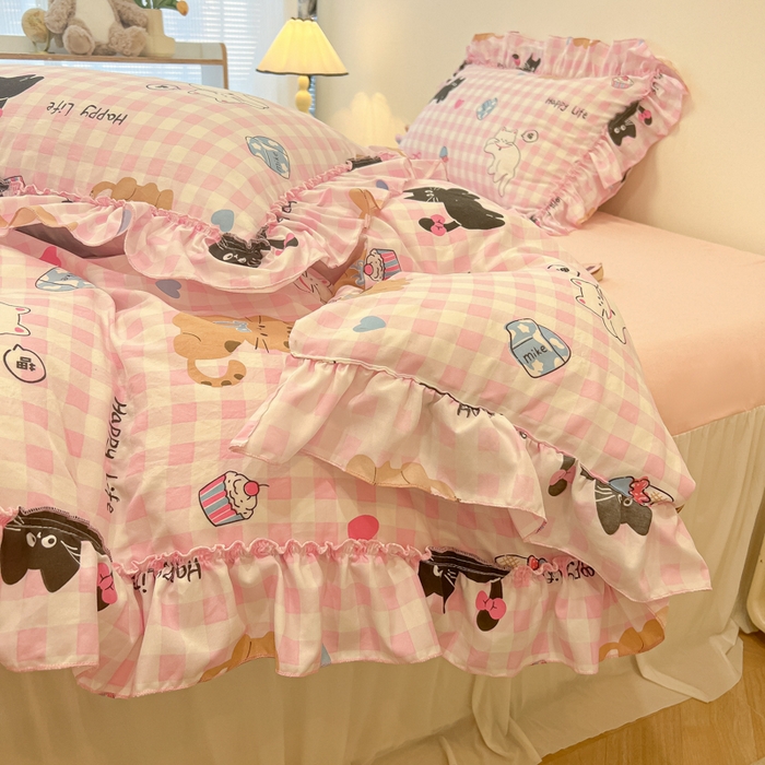 91家纺网 家纺一手货源 找家纺 盼季家纺 2025新款公主风花边小清新水洗棉床上四件套床单被套床裙三件套-风格一 调皮黑猫