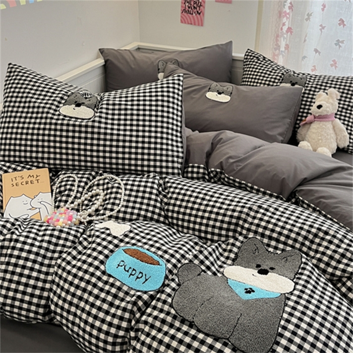 91家纺网 家纺一手货源 找家纺 呗旺鹿 2025新款A类全棉色织水洗棉毛巾绣系列四件套 雪纳瑞