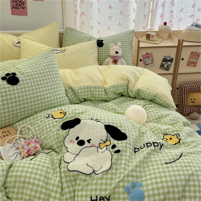 91家纺网 家纺一手货源 找家纺 呗旺鹿 2025新款A类全棉色织水洗棉毛巾绣系列四件套 恰恰狗