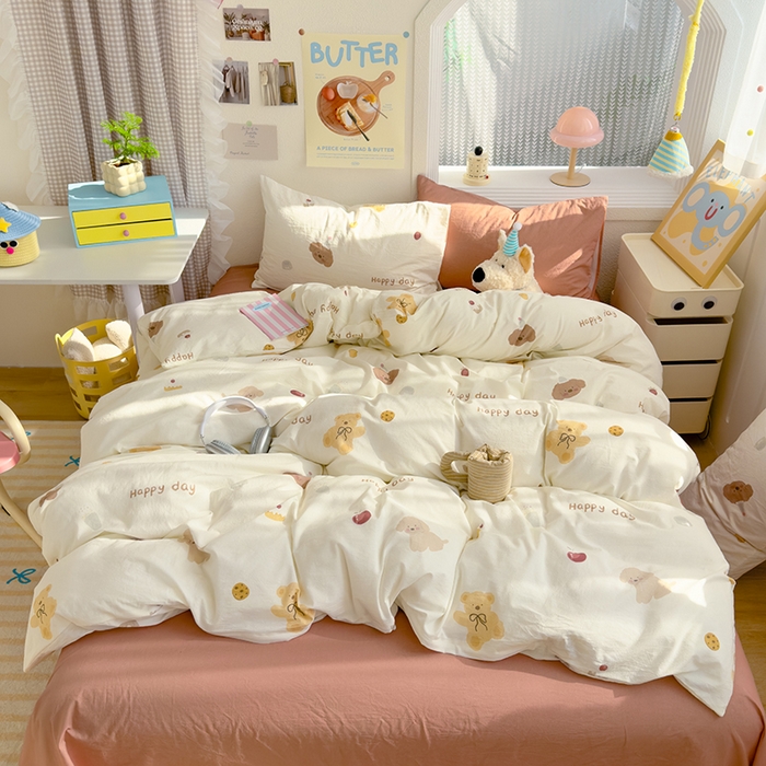 91家纺网 家纺一手货源 找家纺 颜选 2025新款水洗棉印花四件套【提供买家秀】 蝴蝶结熊