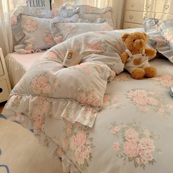 91家纺网 家纺一手货源 找家纺 盼季家纺 2025新款公主风花边小清新水洗棉床上四件套床单被套床裙三件套-风格二 花丛