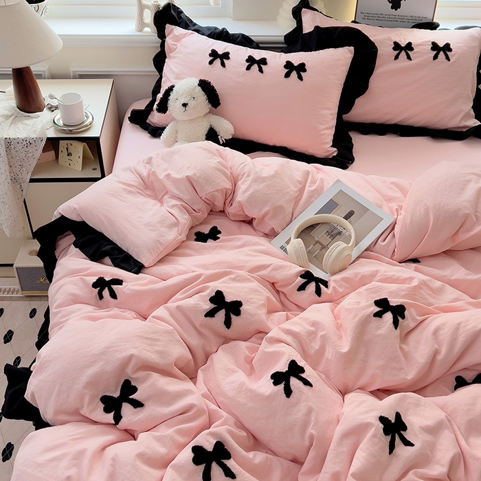 91家纺网 家纺一手货源 找家纺 梦之岛 2025新款韩版小香风赫本风云朵棉毛巾绣四件套 小香风蝴蝶结-玉