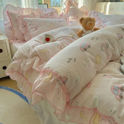 91家纺网 家纺一手货源 找家纺 （总）盼季家纺 2025新款公主风花边小清新水洗棉床上四件套床单被套床裙三件套-风格二