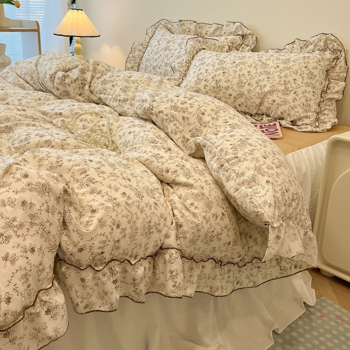 91家纺网 家纺一手货源 找家纺 盼季家纺 2025新款公主风花边小清新水洗棉床上四件套床单被套床裙三件套-风格一 花开漫漫