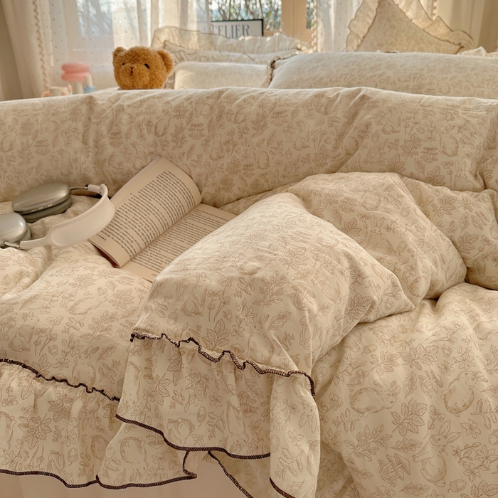 91家纺网 家纺一手货源 找家纺 盼季家纺 2025新款公主风花边小清新水洗棉床上四件套床单被套床裙三件套-风格二 兔兔密语