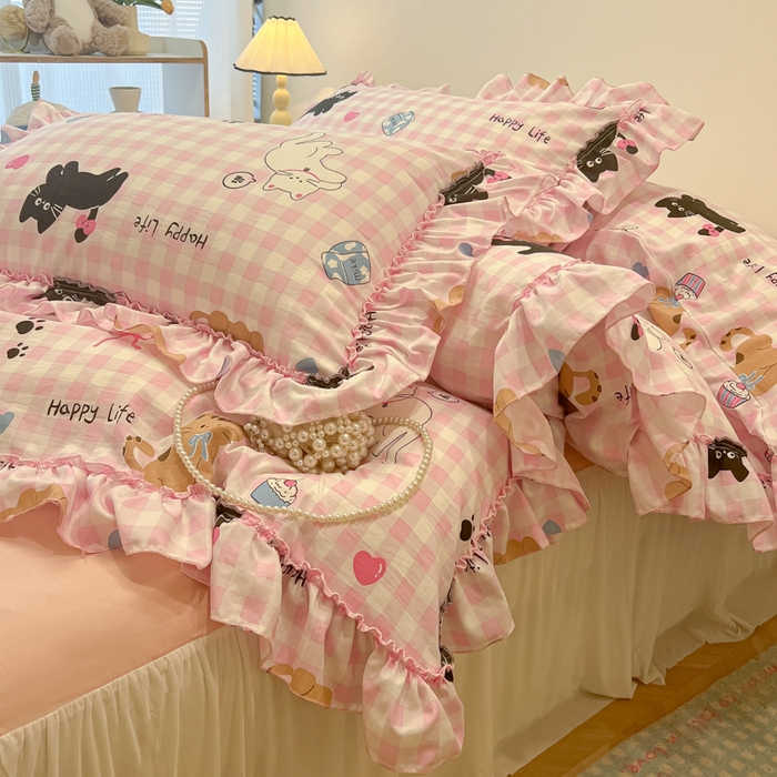 91家纺网 家纺一手货源 找家纺 盼季家纺 2025新款公主风花边小清新水洗棉床上四件套床单被套床裙三件套-风格一 调皮黑猫