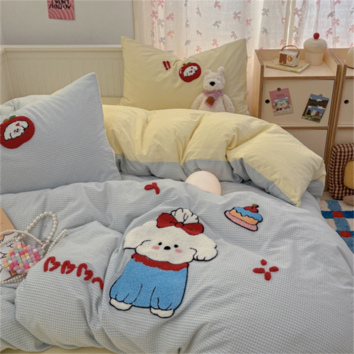 91家纺网 家纺一手货源 找家纺 呗旺鹿 2025新款A类全棉色织水洗棉毛巾绣系列四件套 蝴蝶结小狗