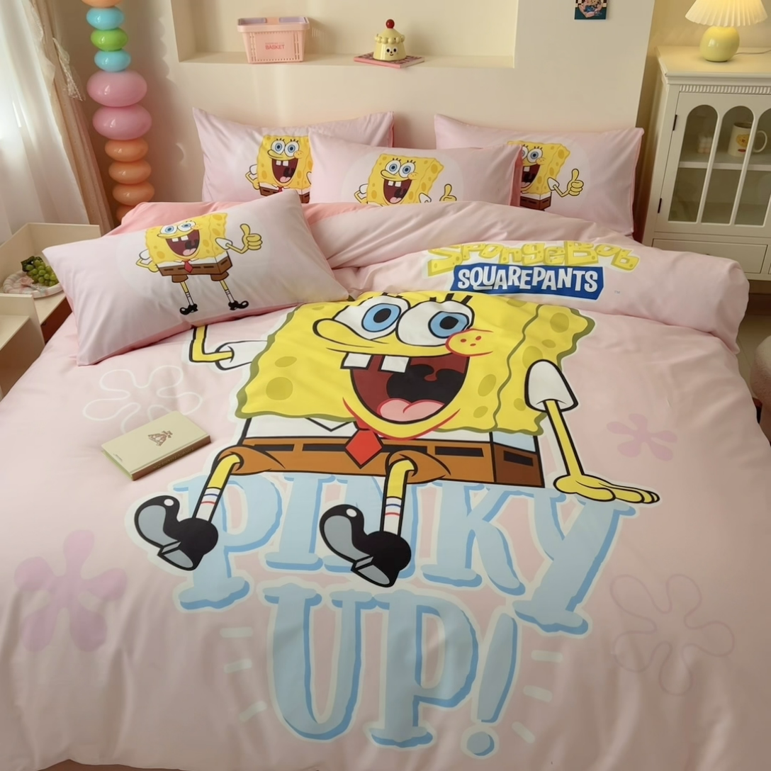 91家纺网 家纺一手货源 找家纺 金爱家纯棉数码印花系列四件套-海绵宝宝 棉D-爱喝海绵宝宝粉