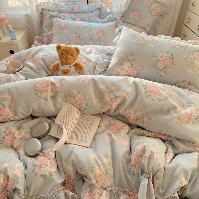 91家纺网 家纺一手货源 找家纺 盼季家纺 2025新款公主风花边小清新水洗棉床上四件套床单被套床裙三件套-风格二 花丛