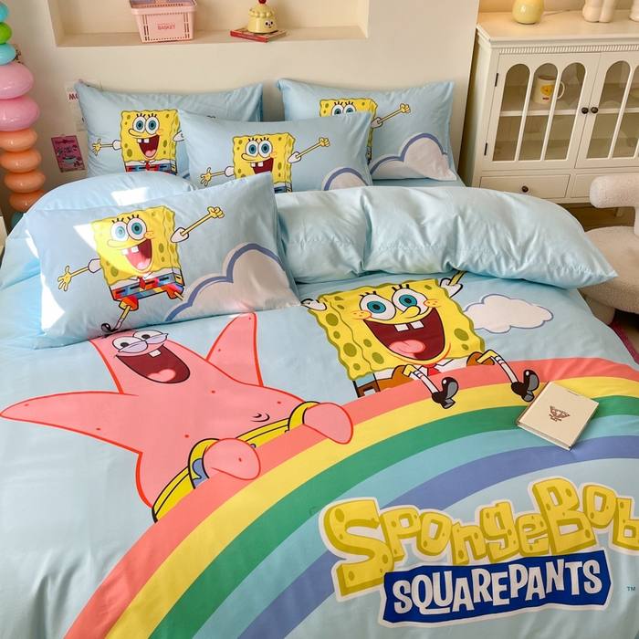 91家纺网 家纺一手货源 找家纺 金爱家纯棉数码印花系列四件套-海绵宝宝 棉D-彩虹海绵宝宝