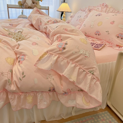 91家纺网 家纺一手货源 找家纺 盼季家纺 2025新款公主风花边小清新水洗棉床上四件套床单被套床裙三件套-风格一 兔兔乐园