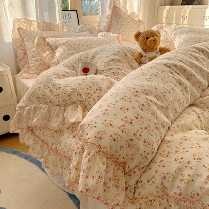 91家纺网 家纺一手货源 找家纺 （总）盼季家纺 2025新款公主风花边小清新水洗棉床上四件套床单被套床裙三件套-风格二