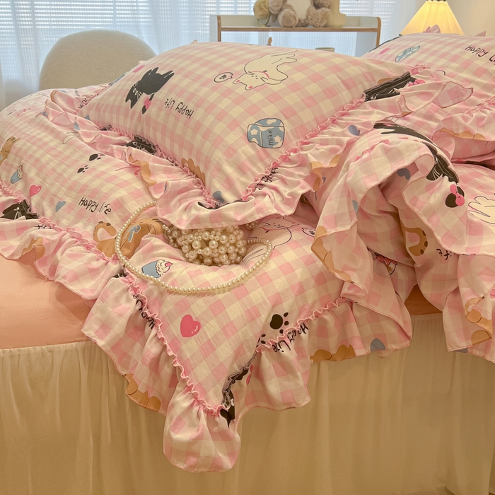 91家纺网 家纺一手货源 找家纺 盼季家纺 2025新款公主风花边小清新水洗棉床上四件套床单被套床裙三件套-风格一 调皮黑猫