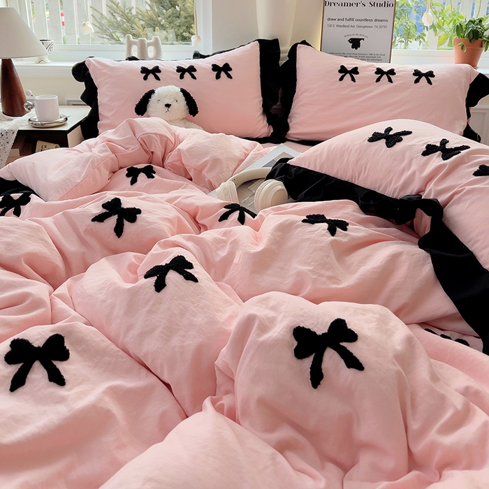 91家纺网 家纺一手货源 找家纺 梦之岛 2025新款韩版小香风赫本风云朵棉毛巾绣四件套 小香风蝴蝶结-玉