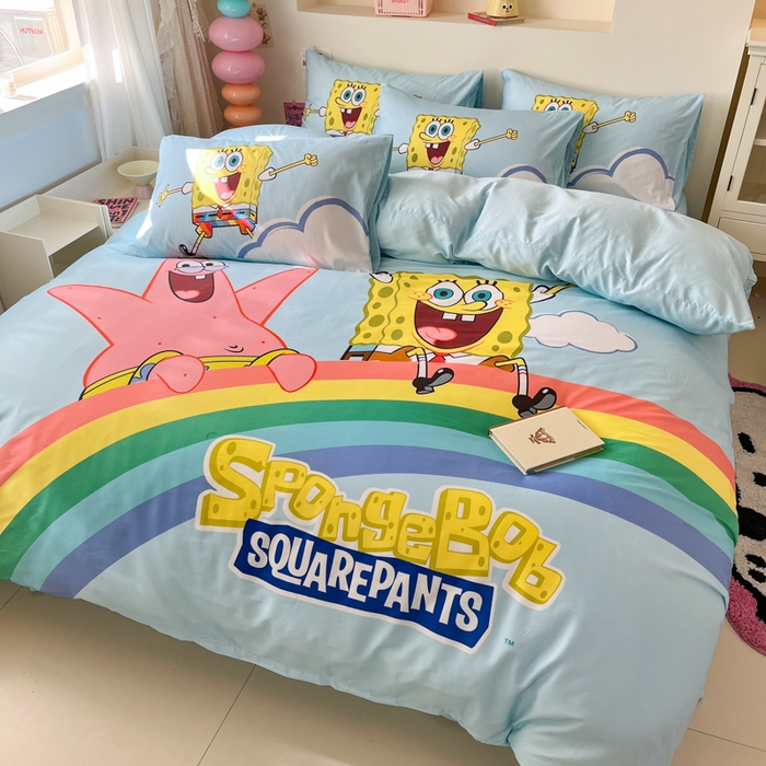 91家纺网 家纺一手货源 找家纺 金爱家纯棉数码印花系列四件套-海绵宝宝 棉D-彩虹海绵宝宝