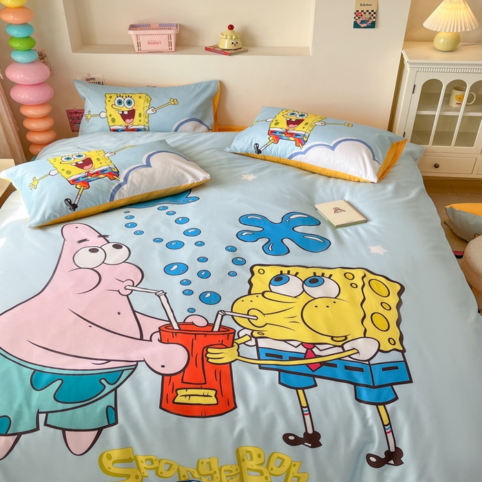 91家纺网 家纺一手货源 找家纺 金爱家纯棉数码印花系列四件套-海绵宝宝 棉D-泡泡海绵宝宝