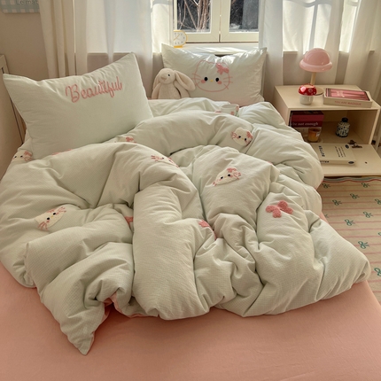 桃子家居 2025新款A类ins纯棉色织水洗棉毛巾绣奶油少女猫咪兔兔混搭系列四件套 色织水洗棉-猫咪绿粉