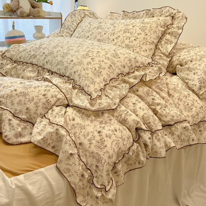 91家纺网 家纺一手货源 找家纺 盼季家纺 2025新款公主风花边小清新水洗棉床上四件套床单被套床裙三件套-风格一 花开漫漫