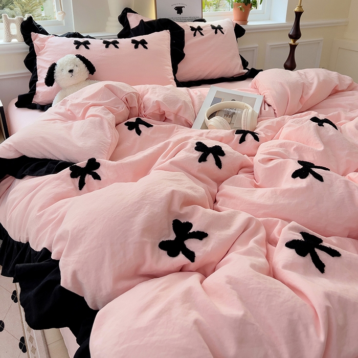 91家纺网 家纺一手货源 找家纺 梦之岛 2025新款韩版小香风赫本风云朵棉毛巾绣四件套 小香风蝴蝶结-玉