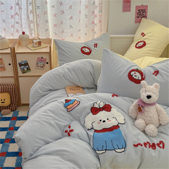 91家纺网 家纺一手货源 找家纺 呗旺鹿 2025新款A类全棉色织水洗棉毛巾绣系列四件套 蝴蝶结小狗